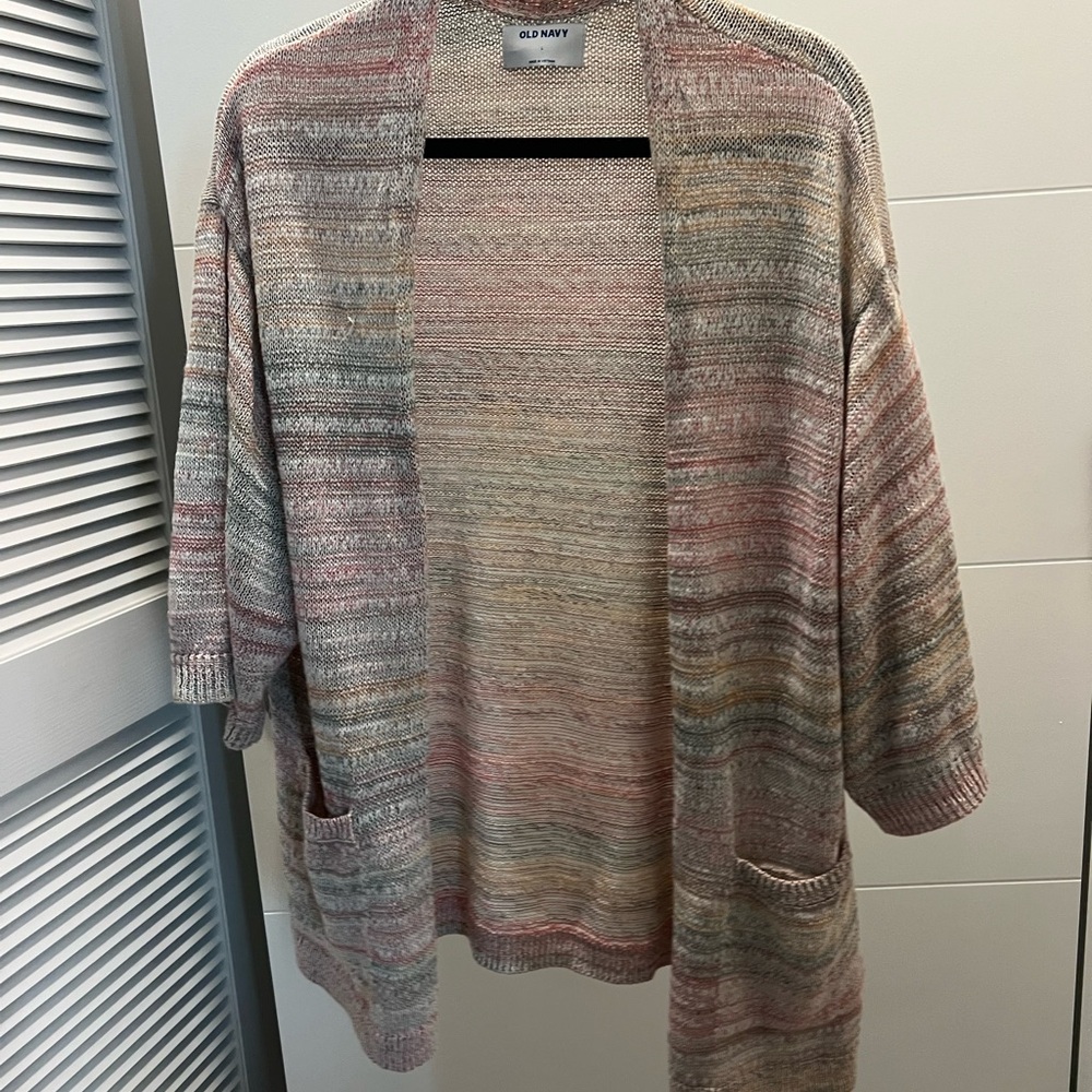 Old Navy Women's Pink Green and Cream Striped Cardigan